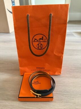 Hermes Black Leather Double Tour Belt Bag Strap with Gold H Buckle